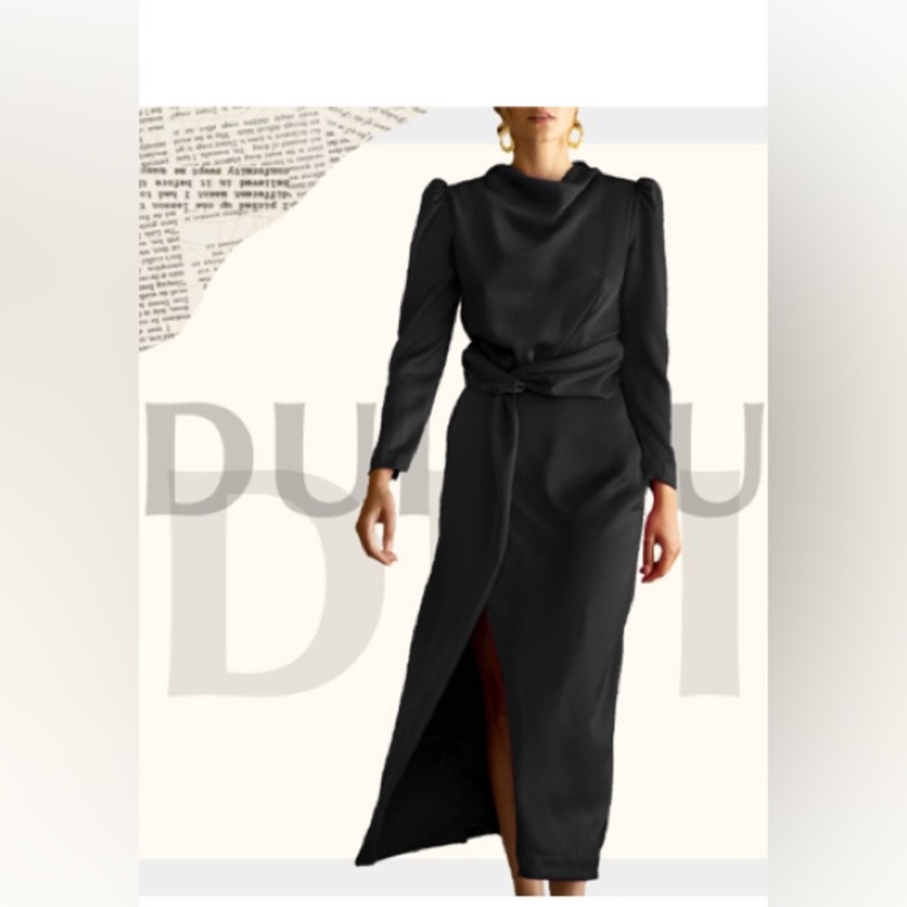 Long Sleeve Cowl Neck Wedding Guest Formal Cocktail Dress